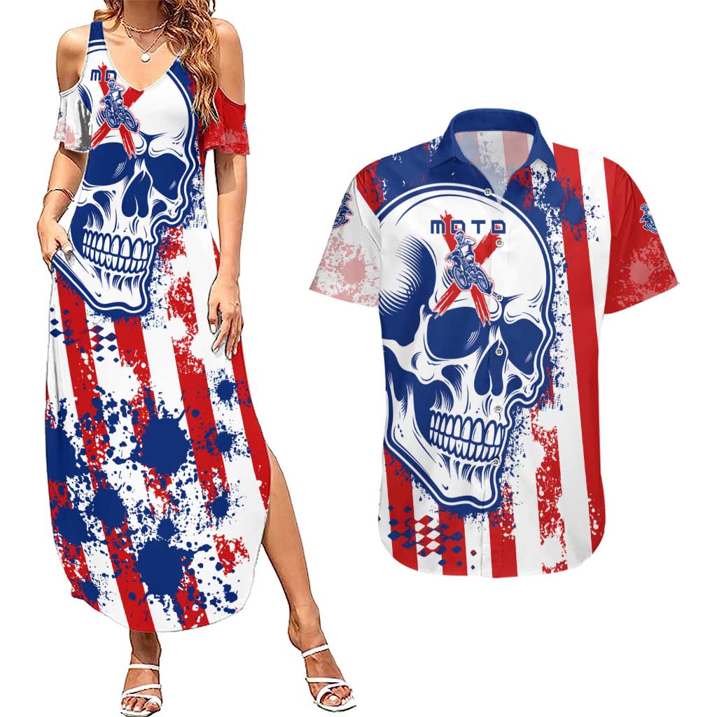 Moto X Skull Graphic Couples Matching Summer Maxi Dress and Hawaiian Shirt with Red White Blue Splatter and Custom Number Design - Wonder Print Shop