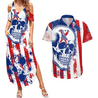 Moto X Skull Graphic Couples Matching Summer Maxi Dress and Hawaiian Shirt with Red White Blue Splatter and Custom Number Design - Wonder Print Shop