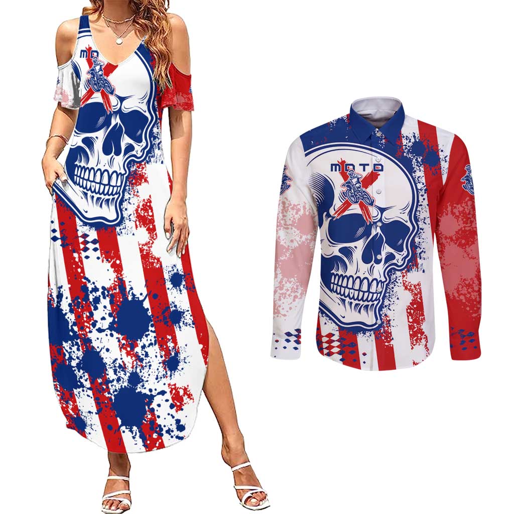 Moto X Skull Graphic Couples Matching Summer Maxi Dress and Long Sleeve Button Shirt with Red White Blue Splatter and Custom Number Design - Wonder Print Shop