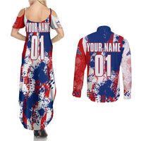 Moto X Skull Graphic Couples Matching Summer Maxi Dress and Long Sleeve Button Shirt with Red White Blue Splatter and Custom Number Design - Wonder Print Shop