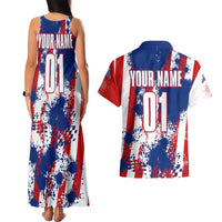 Moto X Skull Graphic Couples Matching Tank Maxi Dress and Hawaiian Shirt with Red White Blue Splatter and Custom Number Design - Wonder Print Shop