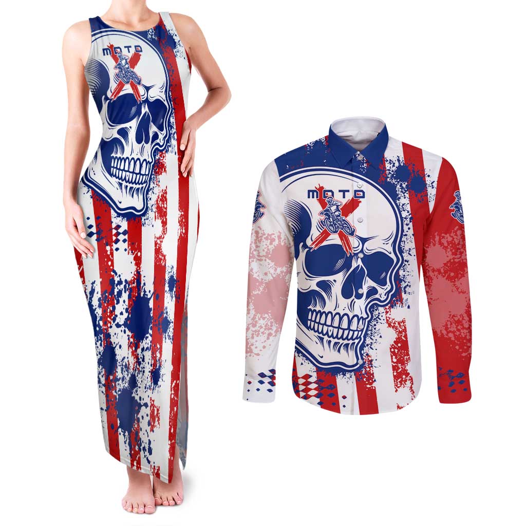 Moto X Skull Graphic Couples Matching Tank Maxi Dress and Long Sleeve Button Shirt with Red White Blue Splatter and Custom Number Design - Wonder Print Shop