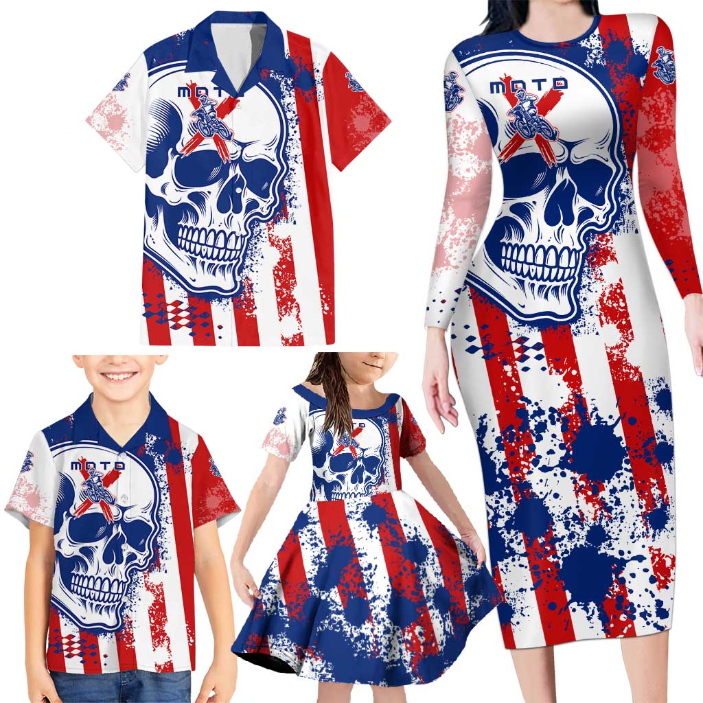 Moto X Skull Graphic Family Matching Long Sleeve Bodycon Dress and Hawaiian Shirt with Red White Blue Splatter and Custom Number Design - Wonder Print Shop
