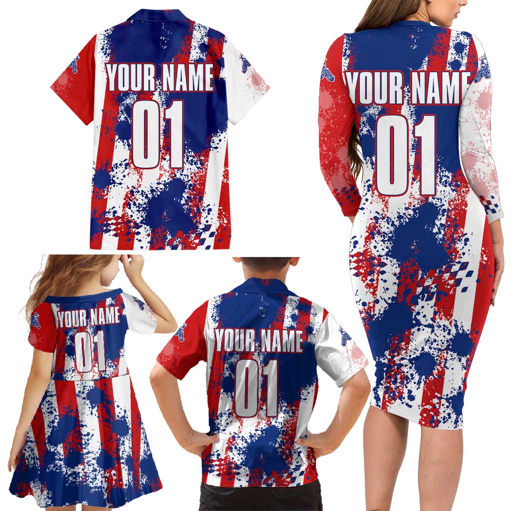 Moto X Skull Graphic Family Matching Long Sleeve Bodycon Dress and Hawaiian Shirt with Red White Blue Splatter and Custom Number Design - Wonder Print Shop
