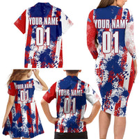 Moto X Skull Graphic Family Matching Long Sleeve Bodycon Dress and Hawaiian Shirt with Red White Blue Splatter and Custom Number Design - Wonder Print Shop