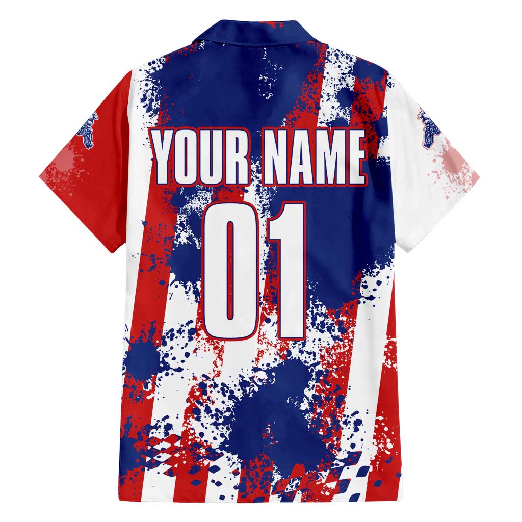 Moto X Skull Graphic Family Matching Long Sleeve Bodycon Dress and Hawaiian Shirt with Red White Blue Splatter and Custom Number Design - Wonder Print Shop