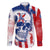 Moto X Skull Graphic Family Matching Long Sleeve Bodycon Dress and Hawaiian Shirt with Red White Blue Splatter and Custom Number Design - Wonder Print Shop