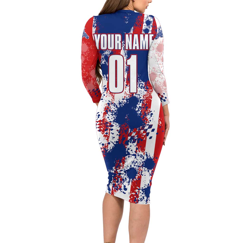 Moto X Skull Graphic Family Matching Long Sleeve Bodycon Dress and Hawaiian Shirt with Red White Blue Splatter and Custom Number Design - Wonder Print Shop