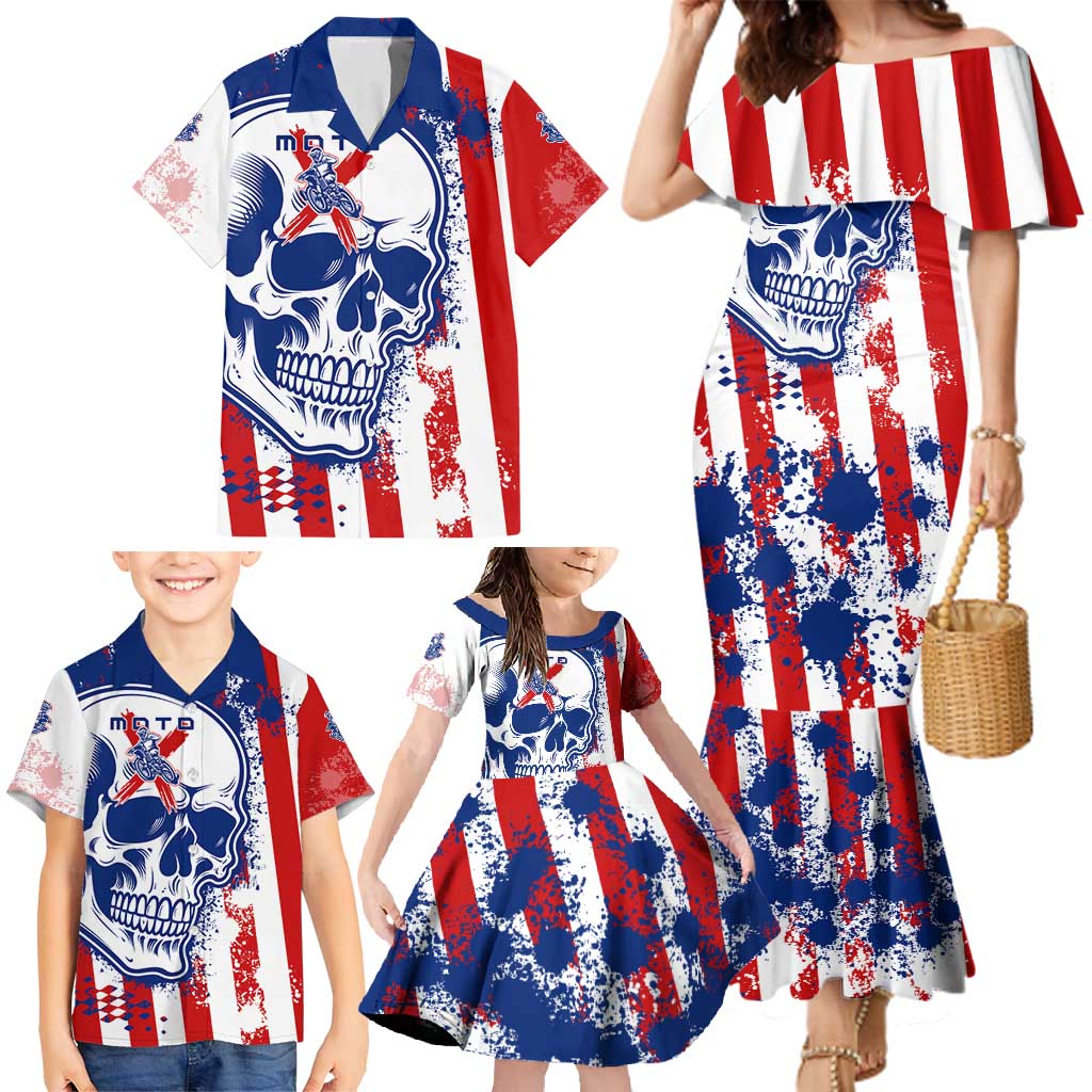 Moto X Skull Graphic Family Matching Mermaid Dress and Hawaiian Shirt with Red White Blue Splatter and Custom Number Design - Wonder Print Shop