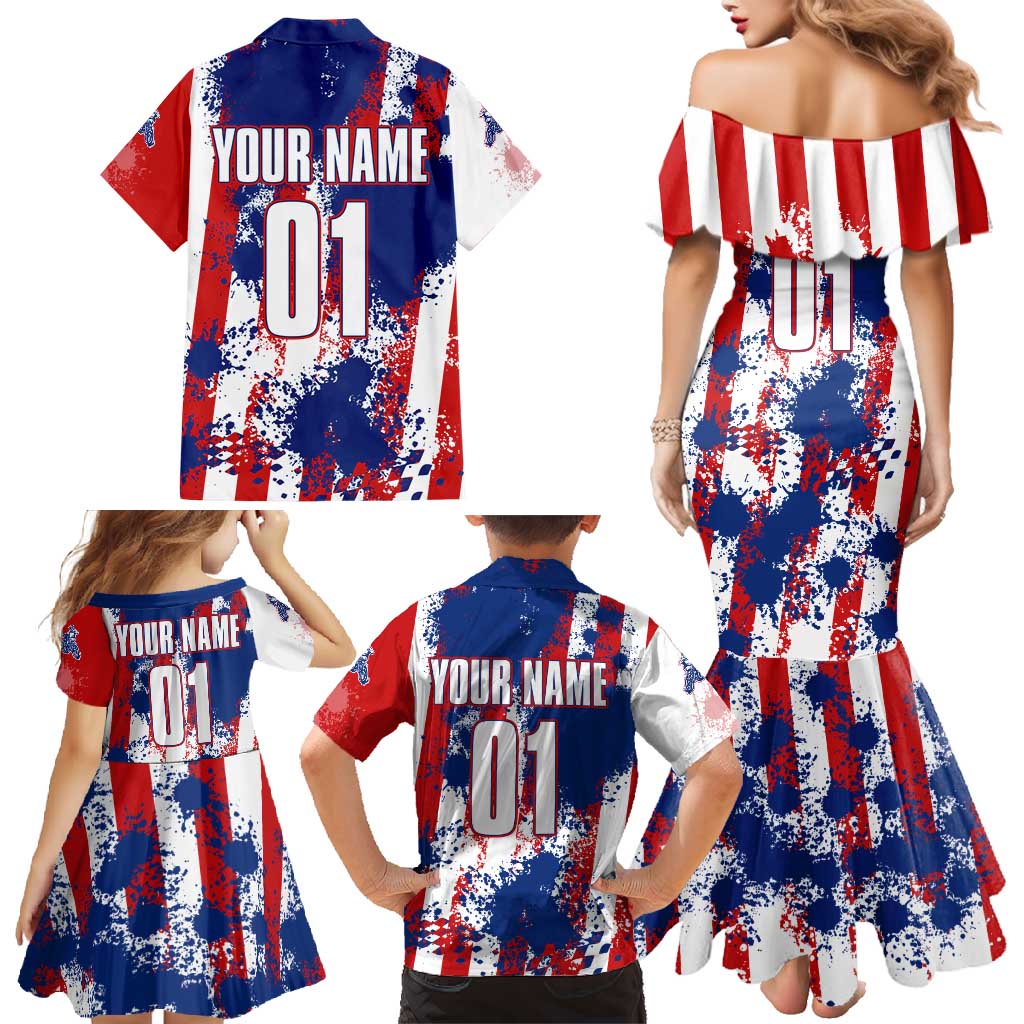 Moto X Skull Graphic Family Matching Mermaid Dress and Hawaiian Shirt with Red White Blue Splatter and Custom Number Design - Wonder Print Shop