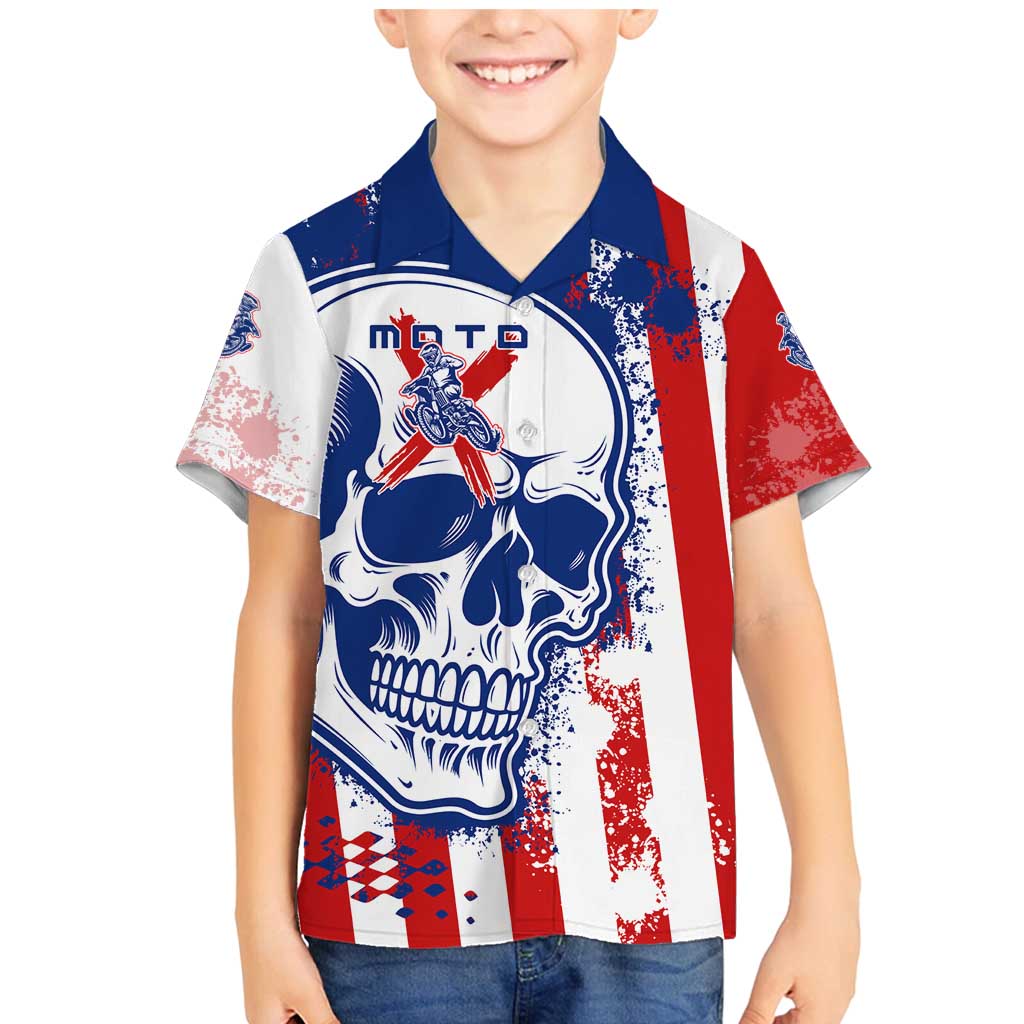 Moto X Skull Graphic Family Matching Mermaid Dress and Hawaiian Shirt with Red White Blue Splatter and Custom Number Design - Wonder Print Shop