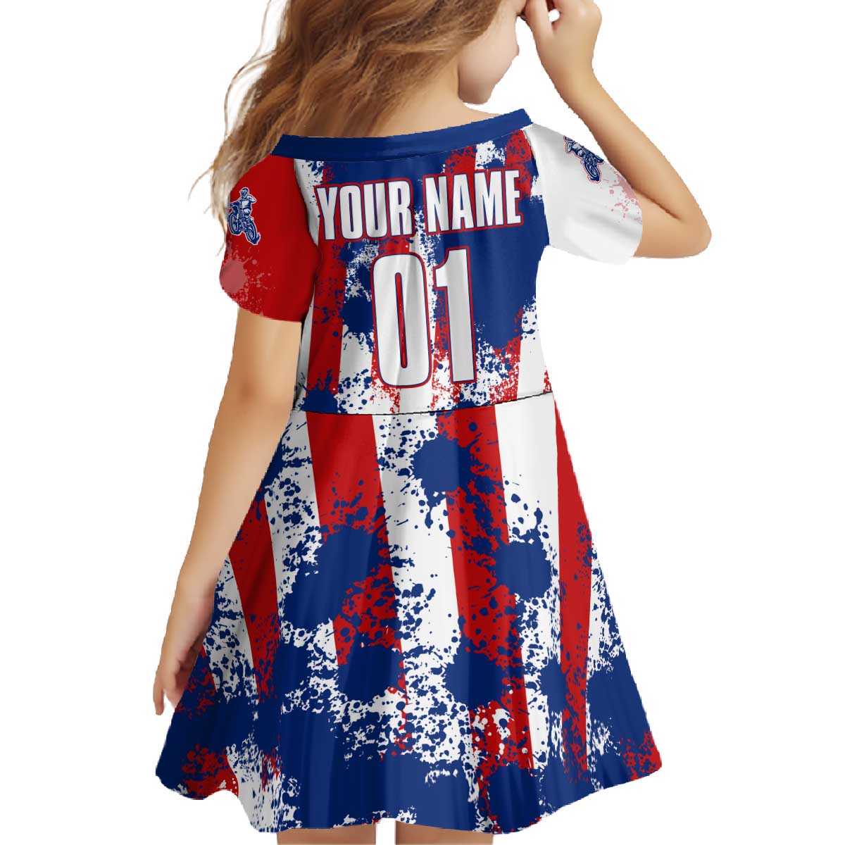 Moto X Skull Graphic Family Matching Off The Shoulder Long Sleeve Dress and Hawaiian Shirt with Red White Blue Splatter and Custom Number Design - Wonder Print Shop