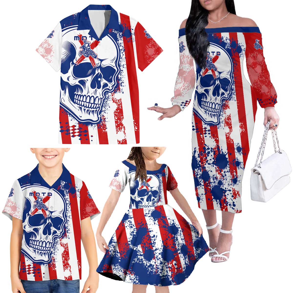 Moto X Skull Graphic Family Matching Off The Shoulder Long Sleeve Dress and Hawaiian Shirt with Red White Blue Splatter and Custom Number Design - Wonder Print Shop