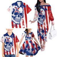 Moto X Skull Graphic Family Matching Off The Shoulder Long Sleeve Dress and Hawaiian Shirt with Red White Blue Splatter and Custom Number Design - Wonder Print Shop