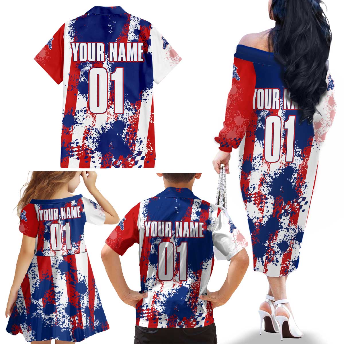 Moto X Skull Graphic Family Matching Off The Shoulder Long Sleeve Dress and Hawaiian Shirt with Red White Blue Splatter and Custom Number Design - Wonder Print Shop