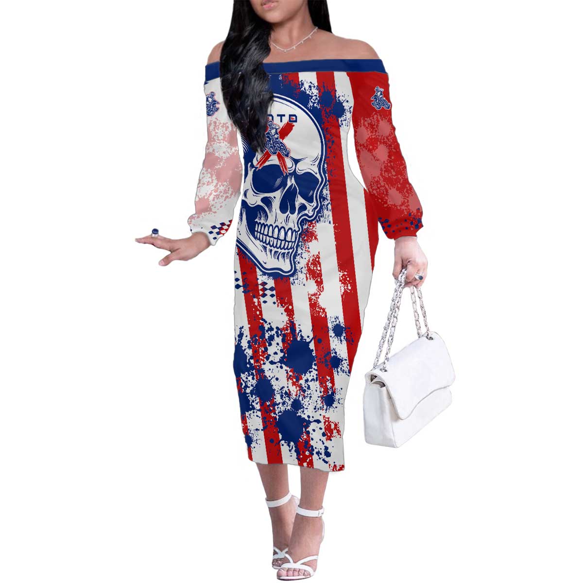 Moto X Skull Graphic Family Matching Off The Shoulder Long Sleeve Dress and Hawaiian Shirt with Red White Blue Splatter and Custom Number Design - Wonder Print Shop