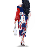 Moto X Skull Graphic Family Matching Off The Shoulder Long Sleeve Dress and Hawaiian Shirt with Red White Blue Splatter and Custom Number Design - Wonder Print Shop
