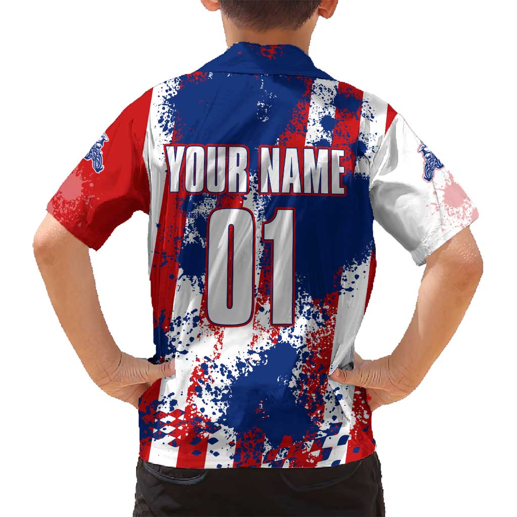 Moto X Skull Graphic Family Matching Off Shoulder Maxi Dress and Hawaiian Shirt with Red White Blue Splatter and Custom Number Design - Wonder Print Shop