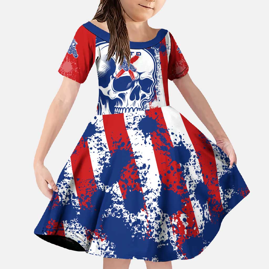 Moto X Skull Graphic Family Matching Off Shoulder Maxi Dress and Hawaiian Shirt with Red White Blue Splatter and Custom Number Design - Wonder Print Shop