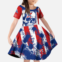 Moto X Skull Graphic Family Matching Off Shoulder Maxi Dress and Hawaiian Shirt with Red White Blue Splatter and Custom Number Design - Wonder Print Shop