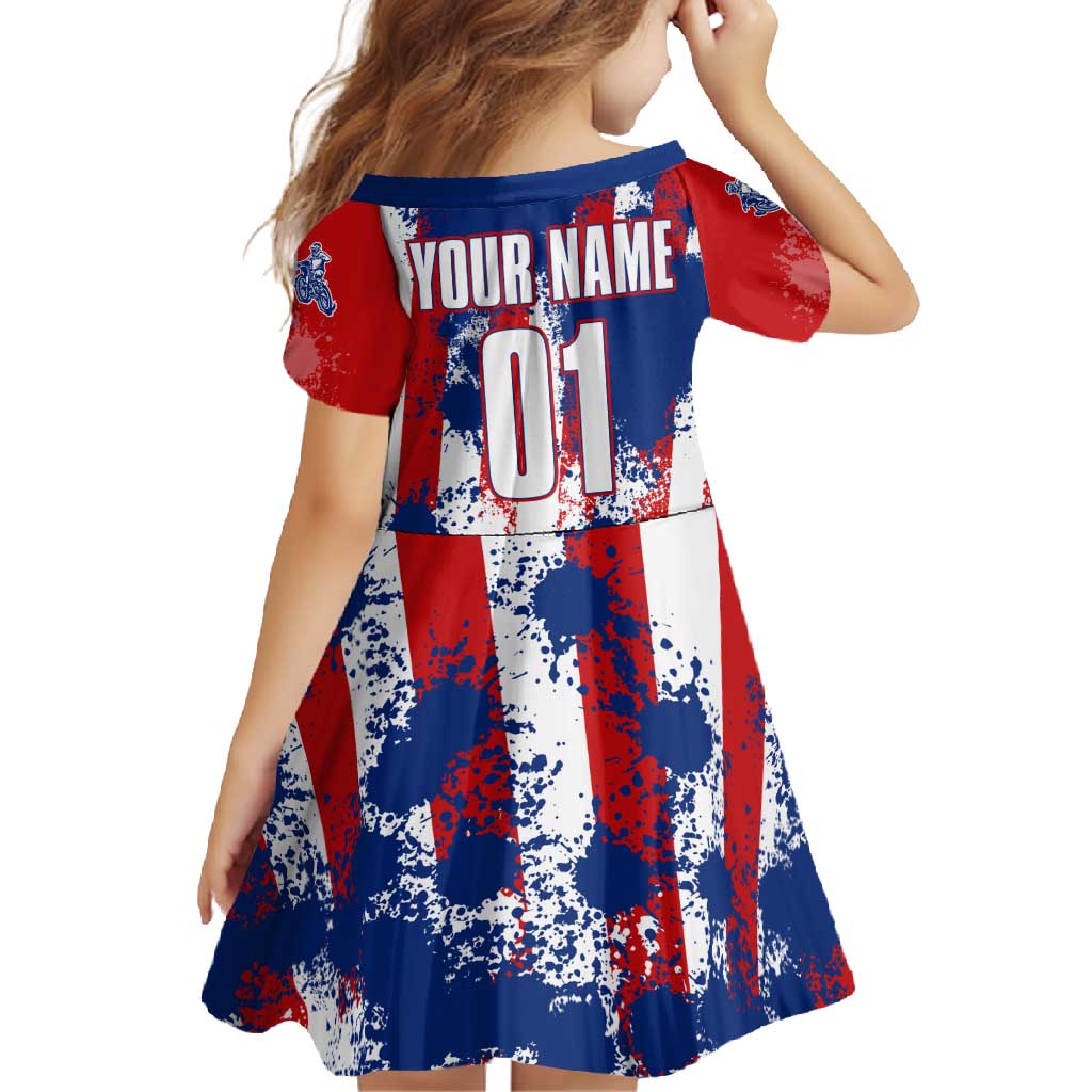 Moto X Skull Graphic Family Matching Off Shoulder Maxi Dress and Hawaiian Shirt with Red White Blue Splatter and Custom Number Design - Wonder Print Shop