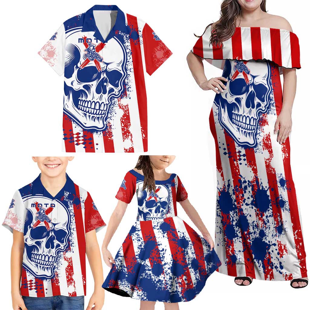 Moto X Skull Graphic Family Matching Off Shoulder Maxi Dress and Hawaiian Shirt with Red White Blue Splatter and Custom Number Design - Wonder Print Shop