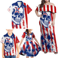 Moto X Skull Graphic Family Matching Off Shoulder Maxi Dress and Hawaiian Shirt with Red White Blue Splatter and Custom Number Design - Wonder Print Shop