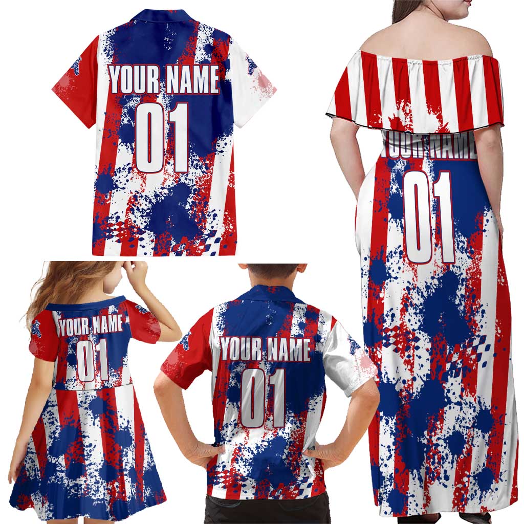 Moto X Skull Graphic Family Matching Off Shoulder Maxi Dress and Hawaiian Shirt with Red White Blue Splatter and Custom Number Design - Wonder Print Shop