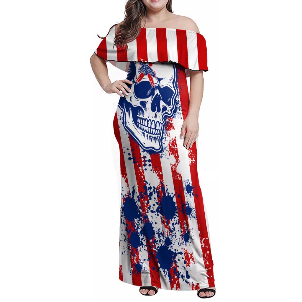 Moto X Skull Graphic Family Matching Off Shoulder Maxi Dress and Hawaiian Shirt with Red White Blue Splatter and Custom Number Design - Wonder Print Shop