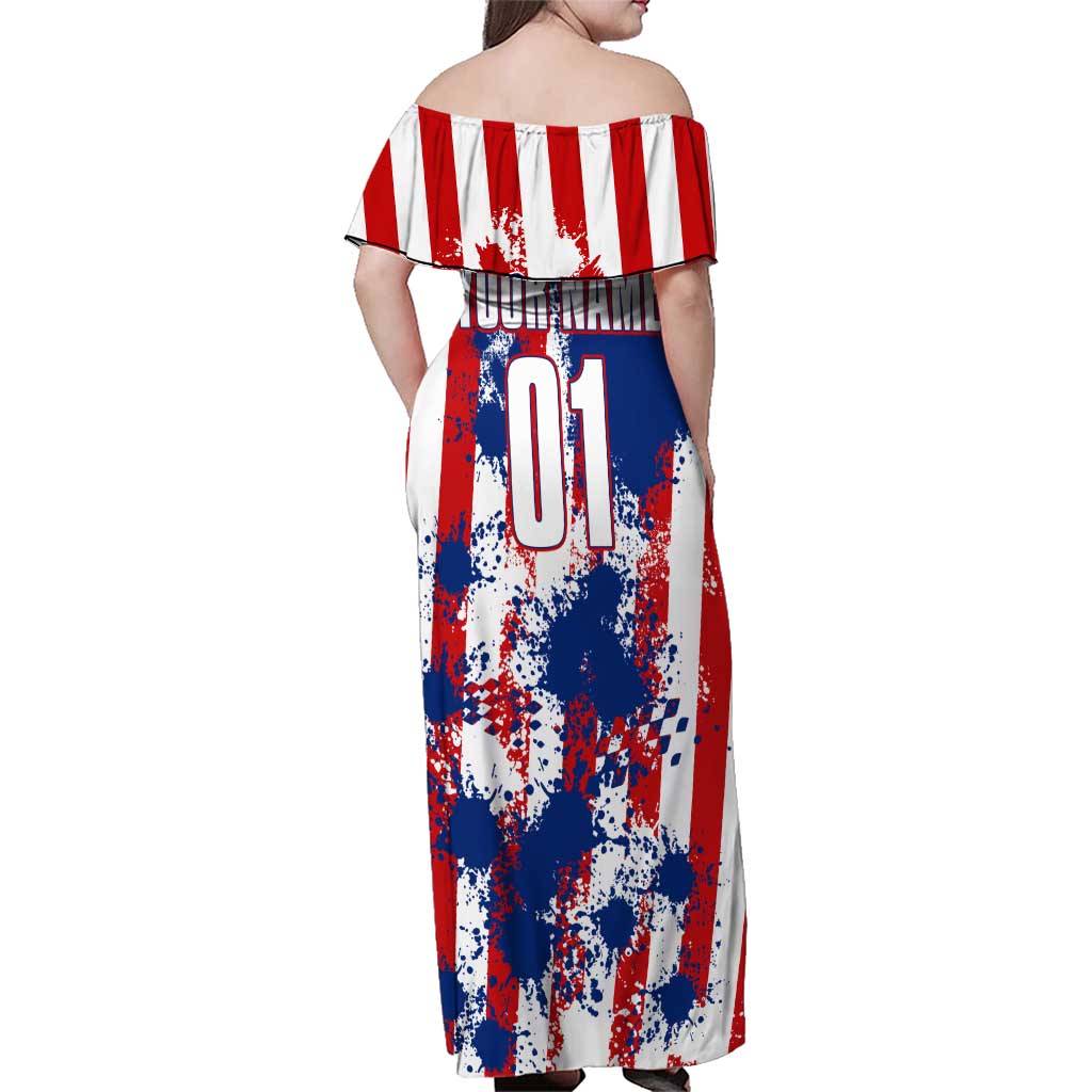 Moto X Skull Graphic Family Matching Off Shoulder Maxi Dress and Hawaiian Shirt with Red White Blue Splatter and Custom Number Design - Wonder Print Shop