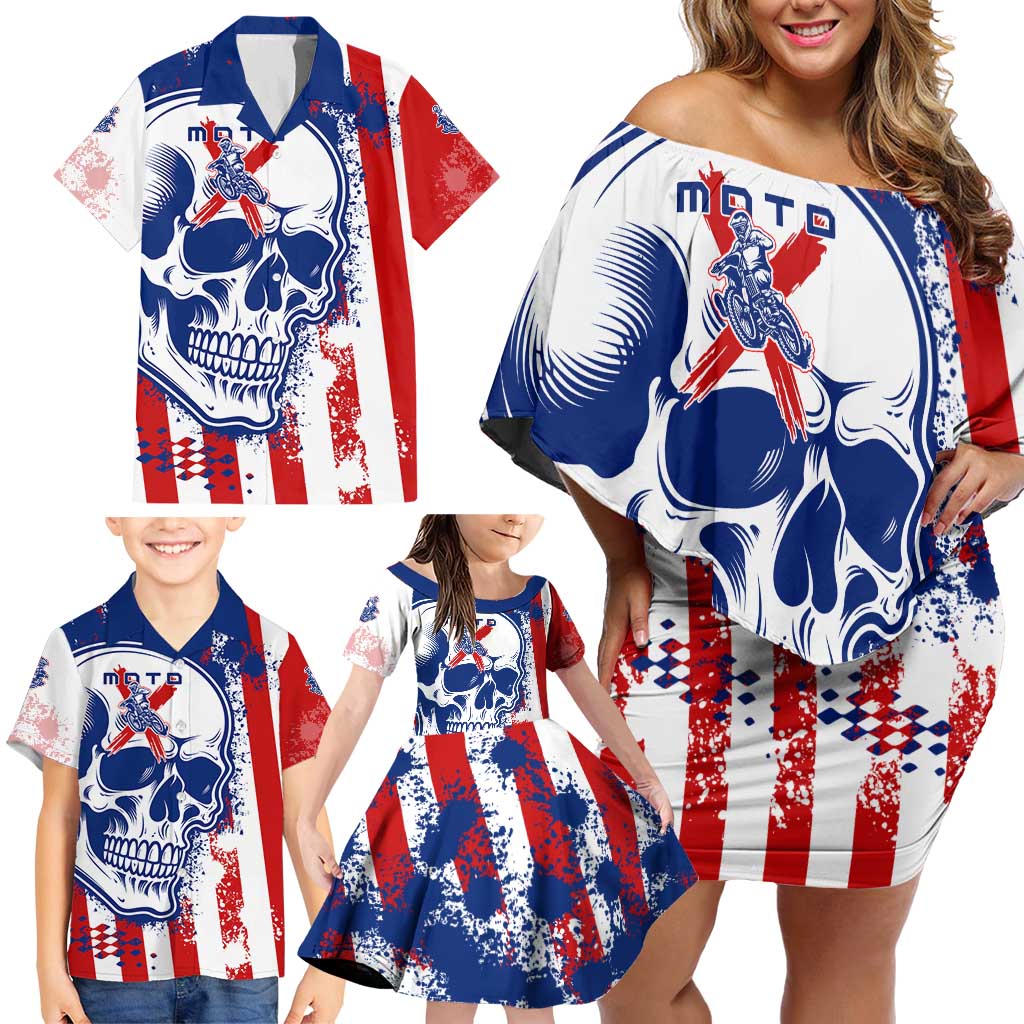 Moto X Skull Graphic Family Matching Off Shoulder Short Dress and Hawaiian Shirt with Red White Blue Splatter and Custom Number Design - Wonder Print Shop