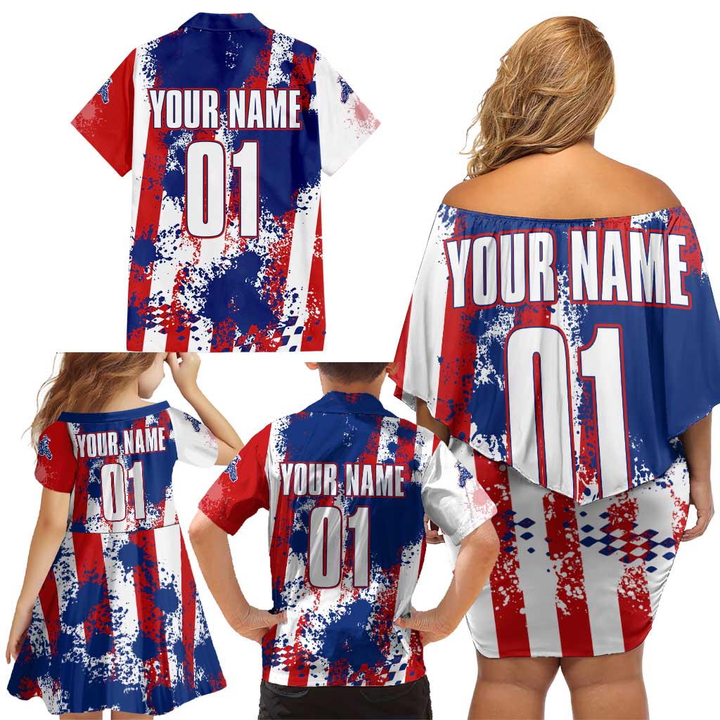 Moto X Skull Graphic Family Matching Off Shoulder Short Dress and Hawaiian Shirt with Red White Blue Splatter and Custom Number Design - Wonder Print Shop