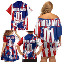 Moto X Skull Graphic Family Matching Off Shoulder Short Dress and Hawaiian Shirt with Red White Blue Splatter and Custom Number Design - Wonder Print Shop