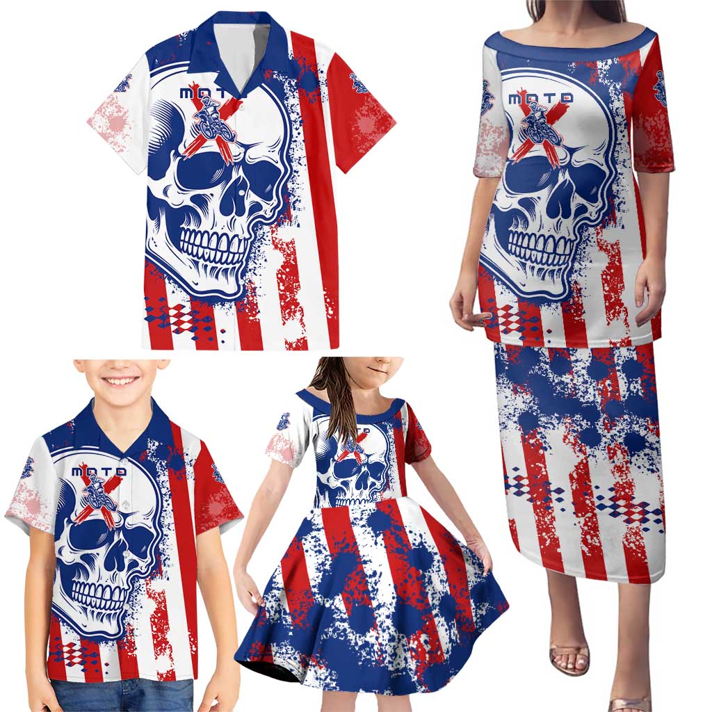 Moto X Skull Graphic Family Matching Puletasi and Hawaiian Shirt with Red White Blue Splatter and Custom Number Design - Wonder Print Shop