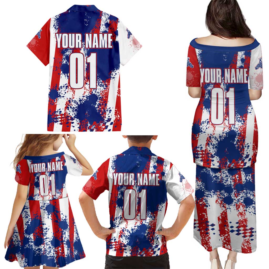 Moto X Skull Graphic Family Matching Puletasi and Hawaiian Shirt with Red White Blue Splatter and Custom Number Design - Wonder Print Shop