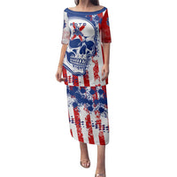 Moto X Skull Graphic Family Matching Puletasi and Hawaiian Shirt with Red White Blue Splatter and Custom Number Design - Wonder Print Shop