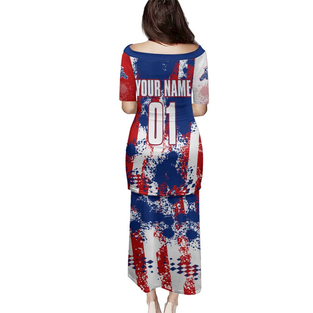 Moto X Skull Graphic Family Matching Puletasi and Hawaiian Shirt with Red White Blue Splatter and Custom Number Design - Wonder Print Shop