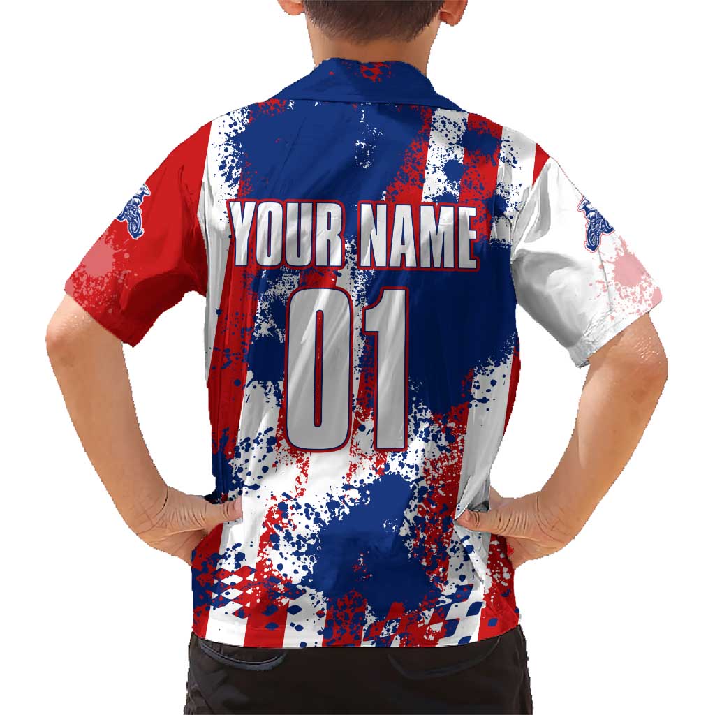 Moto X Skull Graphic Family Matching Short Sleeve Bodycon Dress and Hawaiian Shirt with Red White Blue Splatter and Custom Number Design - Wonder Print Shop