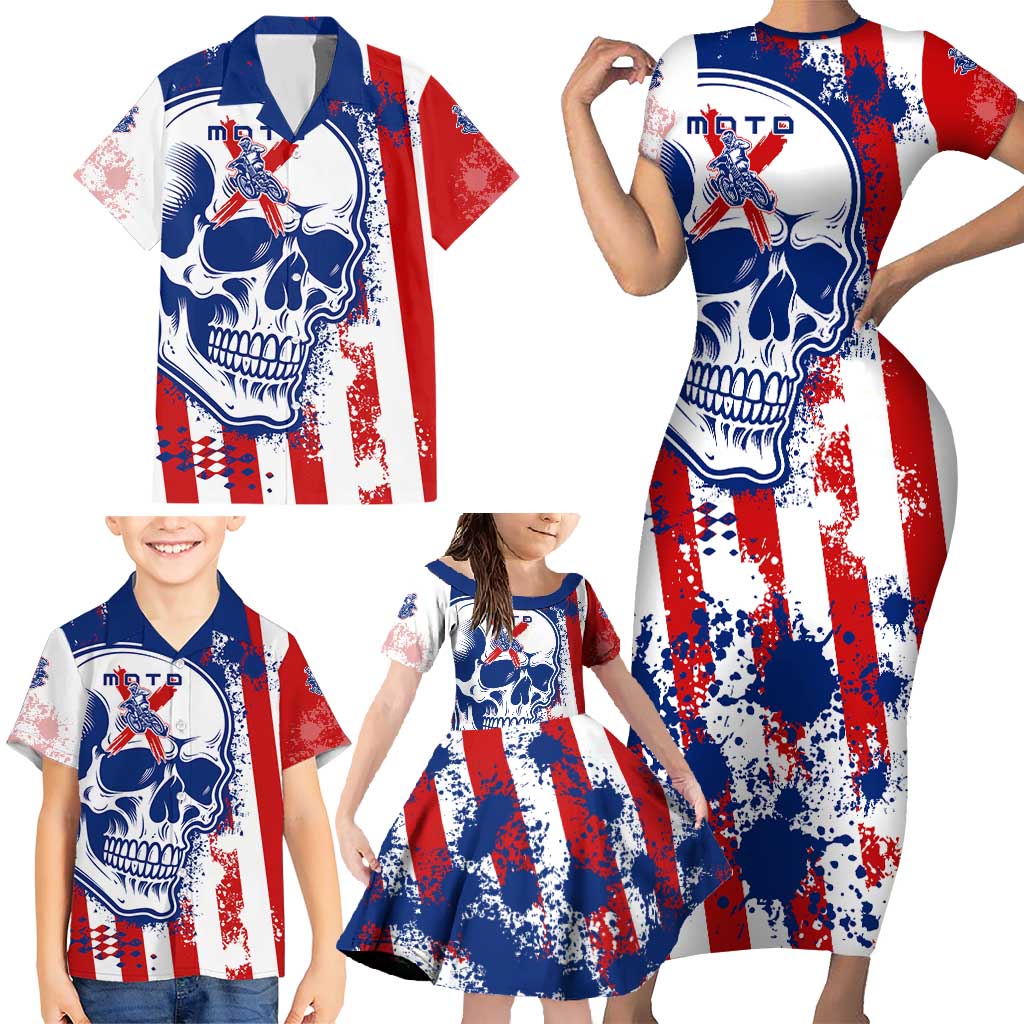 Moto X Skull Graphic Family Matching Short Sleeve Bodycon Dress and Hawaiian Shirt with Red White Blue Splatter and Custom Number Design - Wonder Print Shop