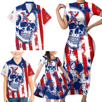 Moto X Skull Graphic Family Matching Short Sleeve Bodycon Dress and Hawaiian Shirt with Red White Blue Splatter and Custom Number Design - Wonder Print Shop