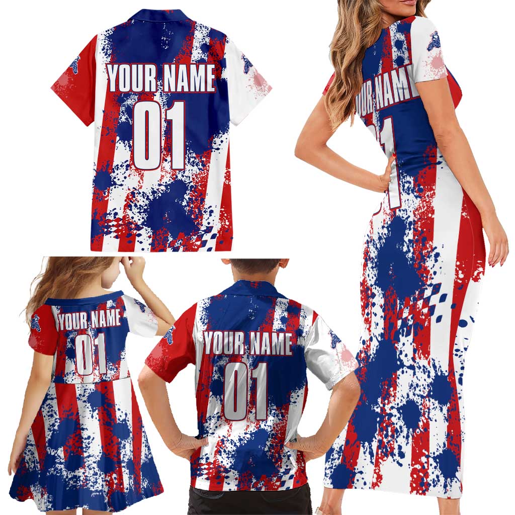 Moto X Skull Graphic Family Matching Short Sleeve Bodycon Dress and Hawaiian Shirt with Red White Blue Splatter and Custom Number Design - Wonder Print Shop