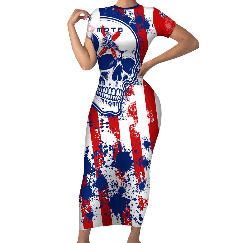 Moto X Skull Graphic Family Matching Short Sleeve Bodycon Dress and Hawaiian Shirt with Red White Blue Splatter and Custom Number Design - Wonder Print Shop