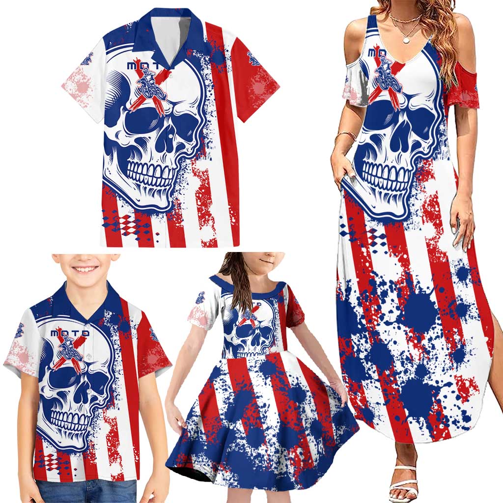 Moto X Skull Graphic Family Matching Summer Maxi Dress and Hawaiian Shirt with Red White Blue Splatter and Custom Number Design - Wonder Print Shop