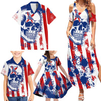 Moto X Skull Graphic Family Matching Summer Maxi Dress and Hawaiian Shirt with Red White Blue Splatter and Custom Number Design - Wonder Print Shop
