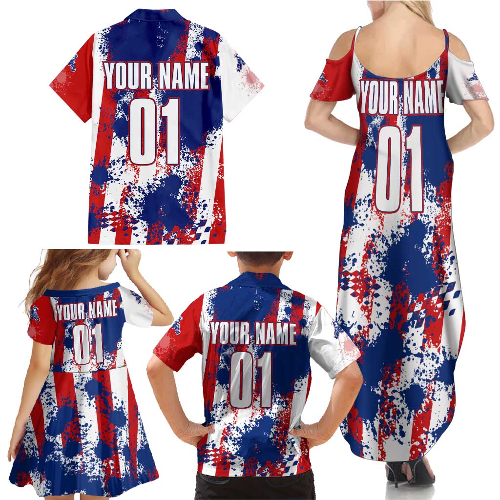 Moto X Skull Graphic Family Matching Summer Maxi Dress and Hawaiian Shirt with Red White Blue Splatter and Custom Number Design - Wonder Print Shop