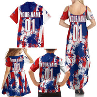 Moto X Skull Graphic Family Matching Summer Maxi Dress and Hawaiian Shirt with Red White Blue Splatter and Custom Number Design - Wonder Print Shop