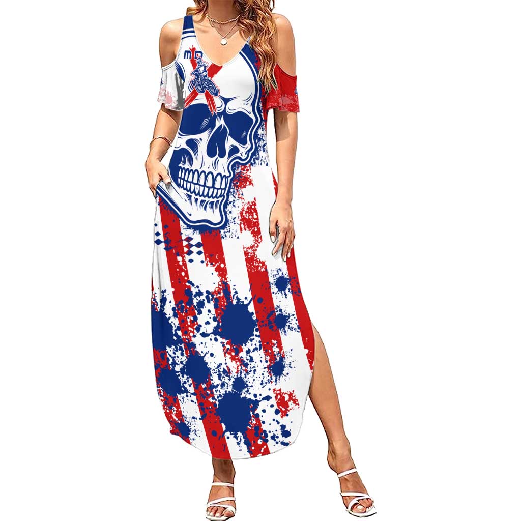 Moto X Skull Graphic Family Matching Summer Maxi Dress and Hawaiian Shirt with Red White Blue Splatter and Custom Number Design - Wonder Print Shop