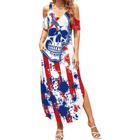 Moto X Skull Graphic Family Matching Summer Maxi Dress and Hawaiian Shirt with Red White Blue Splatter and Custom Number Design - Wonder Print Shop
