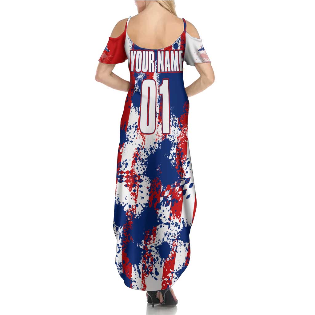 Moto X Skull Graphic Family Matching Summer Maxi Dress and Hawaiian Shirt with Red White Blue Splatter and Custom Number Design - Wonder Print Shop