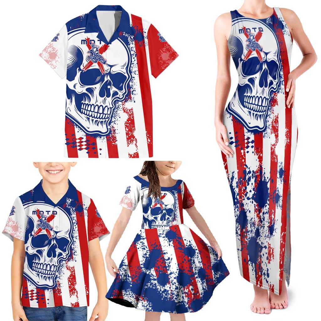 Moto X Skull Graphic Family Matching Tank Maxi Dress and Hawaiian Shirt with Red White Blue Splatter and Custom Number Design - Wonder Print Shop